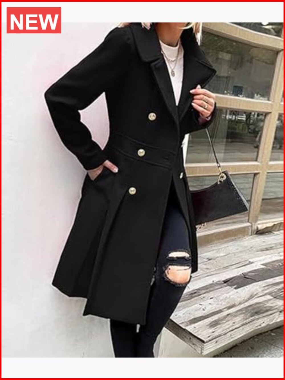 Double Breasted Trench Coat Notch Lapel A-Line Flared Pleated Wool Blend Pea - Picture 3 of 5